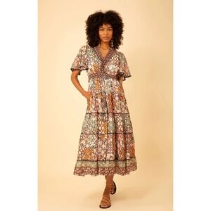 Hale Bob Leia Voile Cotton Maxi Dress Geometric Floral Tile Print Smocked Small
